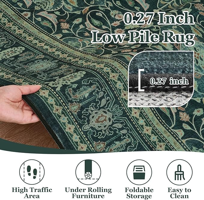 Dark Green Vintage Living Room Rug 9x12, Boho Floral Moroccan Pattern Printed Large Area Rugs for Bedroom, Washable Non Slip Low Pile Thin Carpet Rug for Dining Room Under Table
