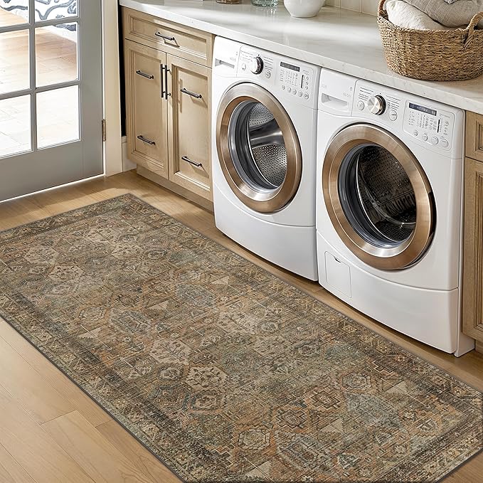 Bavni Runner Rug 3x7 Kitchen Rugs for Hallways Entryway, Washable Vintage Print Carpet, Ultra-Thin Chenille Low Pile Lightweight Rug with Non Slip Backing, Warm Taupe