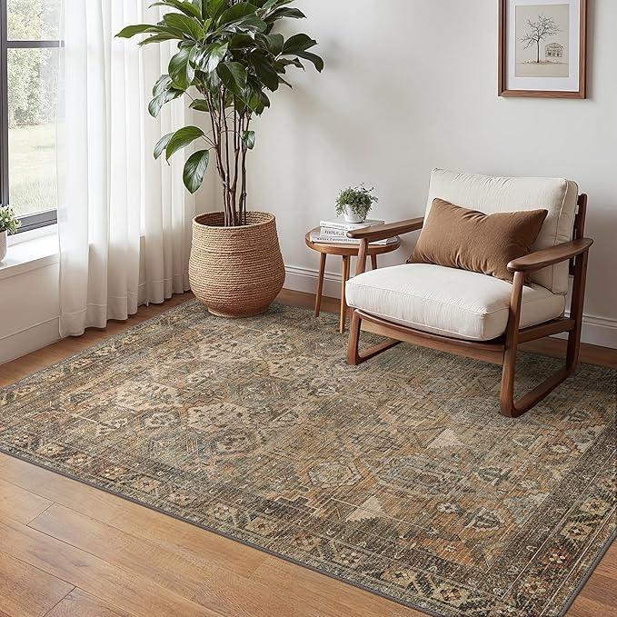 Bavni Washable Rug 3x5 Area Rug for Living Room Bedroom Dining, Washable Vintage Print Carpet, Ultra-Thin Chenille Low Pile Lightweight Rug with Non Slip Backing, Warm Taupe
