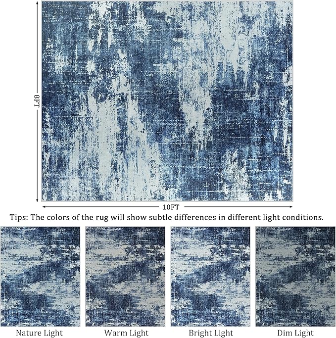 8x10 Area Rug Living Room Rugs - Washable Rug Large Modern Abstract Soft Thin Carpets Indoor Floor No Slip Vintage Carpet for Bedroom Under Dining Table Nursery Home Office Decor Deep Blue