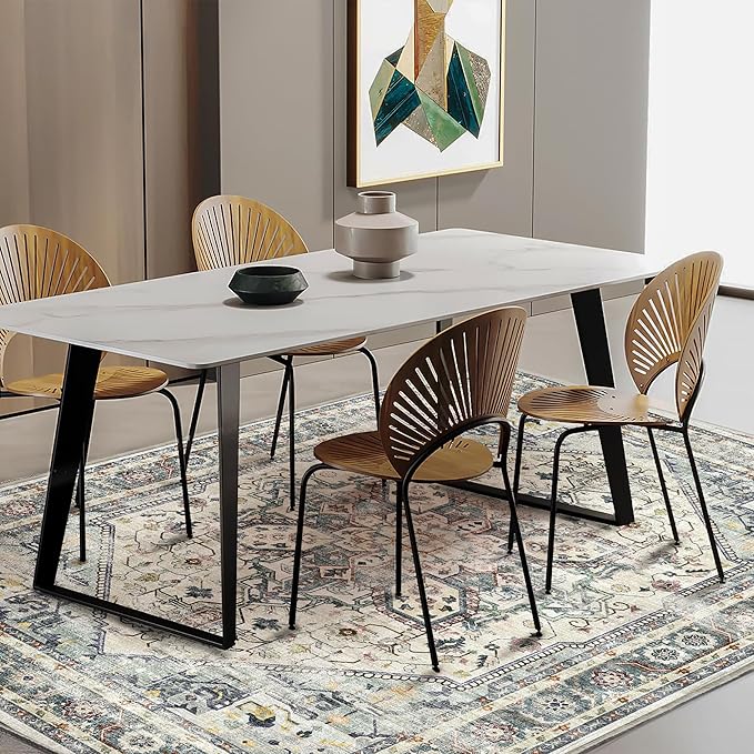 Area Rug 5'x7' Cyan Khaki Washable Vintage Traditional Floor Cover Thin Retro Kitchen Indoor Distressed Non Slip Carpet for Living Room Bedroom Dining Room