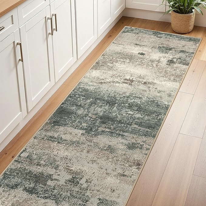 Runner Rug for Hallway Kitchen, 2'x6' Machine Washable Runners Rug for Entryway, Soft Modern Abstract Throw Rugs, Low Pile Floor Cover with Non Slip Backing, Grey/Dark Green