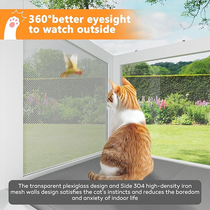 Cat Window Box, Adjustable Window Cat Perch Catio, Wooden Window Catio for Indoor Cats, 304 Iron Mesh, Fits Vertical Window Frames 26" to 42" Wide, Sunbathing, Overlooking, White