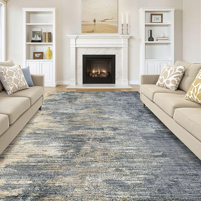 Area Rugs for Living Room: 8x10 Abstract Washable Rug Modern Neutral Large Soft Stain Resistant Non-Slip Backing Machine Table for Bedroom Dining Room Indoor Home Office Carpet - Blue Gold