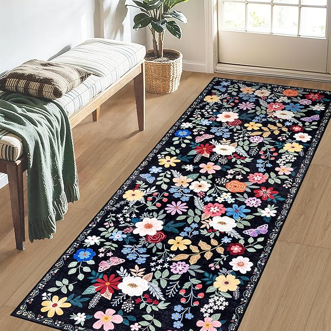 Runner Rug for Entryway: 2x6 Kitchen Rugs Non Slip Washable Ultra-Thin Soft Floral Carpet Indoor Floor Stain Resistant Carpets for Hallway Bedroom Kitchen Laundry Bathroom Dorm Black
