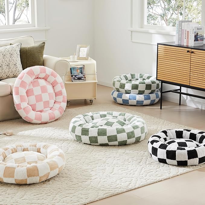 Checkered Dog Bed, Cute Blue Retro Style Aesthetic Round Warming Pet Calming Beds for Small Dog and Cats, Plush Cozy Donut Dog Beds Washable, 30" L x 30" W x 8" Th