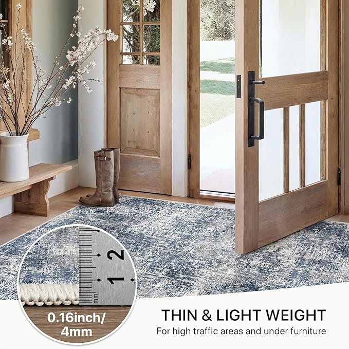GENIMO Washable Area Rugs for Living Room, 8x10 Modern Non Slip Rugs, Low Pile Lightweight Soft Print Rug for Bedroom, Dining Room, Home Office, Deep Sea Blue