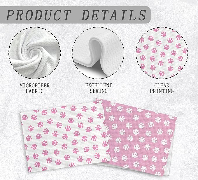 Pink Dog Paw Hand Towel and Dishcloths Set of 2, Light Pink Kitchen Towels, Cute Dish Towels for Bathroom, Dog Lovers Gifts for Girls, 16x24 Inch
