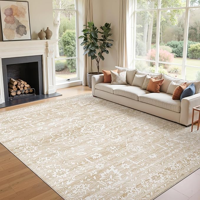 6x9 Area Rugs for Living Room, Neutral Washable Rugs for Bedroom, Floral Vintage Non-Slip Soft Throw Carpet for Dining Room Farmhouse (Beige, 6'x9')