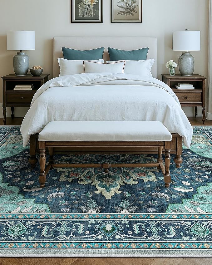 Area Rugs 9'x12' Washable Non-Slip, Floral Vintage Distress Print Pattern Medallion Carpet for Living Room Bedroom Dining Room, Teal Green Lake Blue Turquoise