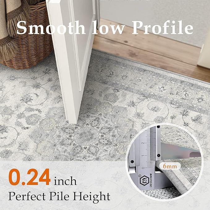 HUGEAR Machine Washable Hallway Runner Rugs 2x8 Vintage Grey Neutral Style Non Slip Stain Resistant Low Pile Throw Carpet for Bedroom Kitchen Retro Aesthetic Modern Decor