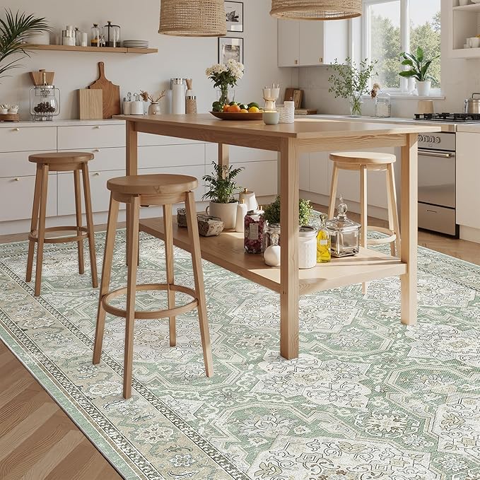 8x10 Area Rugs, Washable Rugs, Large Stain Resistant Area Rug for Living Room Bedroom Dining Room, Vintage Farmhouse Rug Green