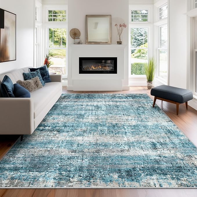 LEPEII 6x9 Area Rugs, Washable Modern Abstract Area Rugs for Living Room, Indoor Neutral Area Rug for Bedroom, Dining Room, Low Pile Non-Slip Non Shedding Rugs-Blue