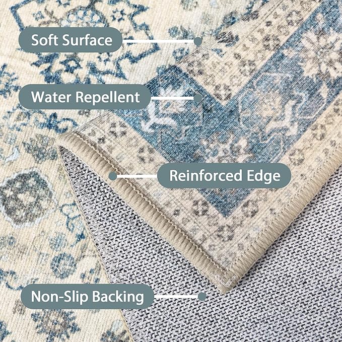 2x5 Runner Rug Machine Washable Boho Runners for Hallway,Ultra-Thin Low Pile Rug,Lightweight Indoor Carpet,Non Slip Floral Runners for Enrtyway, Corridor, Home Office, Kitchen,Aqua Blue