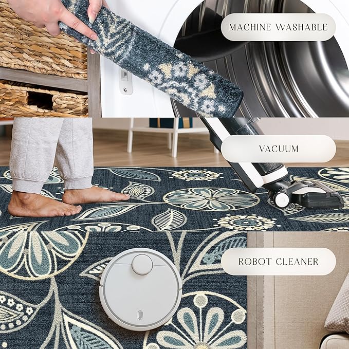 Maples Rugs Reggie Floral Runner Rug - Made in USA - Washable, Non Slip Indoor Carpet for Kitchen, Hallway, and Laundry Room, 2'6" x 5', Persian Blue