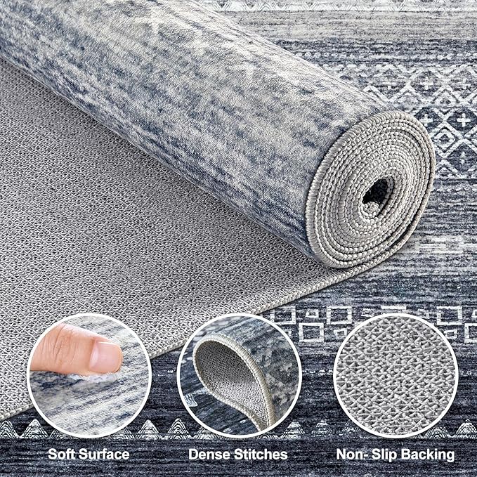 Nakagishi 10x12 Area Rug Living Room: Washable Boho Large Neutral Modern Soft Stain Resistant Farmhouse Indoor Floor Rug Non-Slip Accent Carpet for Bedroom Nursery Kids Playroom Office- Blue
