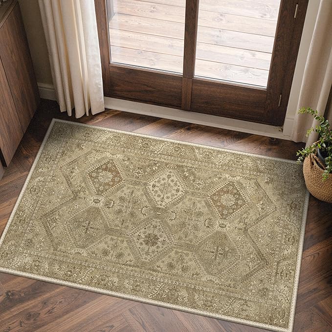 Bavni 2x7 Runner Rugs for Hallways Kitchen, Washable Rug Vintage Print Carpet, Low Pile Lightweight Mat with Non Slip Backing, Light Brown