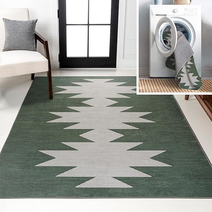 JONATHAN Y Machine Washable Indoor Area Rug 8X10 Dark Green/Light Gray, Chayton Minimalist Geometric for Living Room, Bedroom, Kitchen, Office, Easy-Cleaning, Pet-Friendly, Non-Shedding WSH110C-8