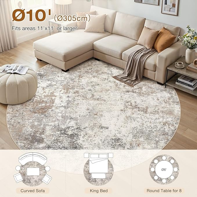 10ft Round Area Rug Living Room Rugs - 10x10 Washable Large Neutral Modern Abstract Soft Thin Rug Indoor Floor No Slip Rug Carpet for Bedroom Under Dining Table Home Office Decor - Brown Grey