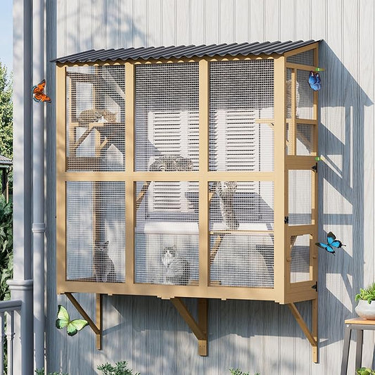 Large Outdoor Cat Window Perch, Catio Cat Enclosure Window Box with 4 Jump Platforms and 4 Doors, Cats Patio w/All-Weather Roof for Indoor Kitty Sunbathing, Napping, Playing