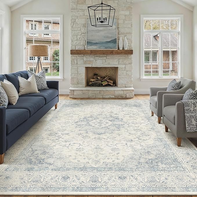 8x10 Blue Washable Vintage Area Rug for Living Room Bedroom Soft Tranditional Non Slip Large Throw Rug Lightweight Floral Low Pile Distressed Carpet Office Playroom Dining Room Bathroom