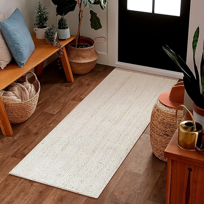 Hausattire Hand Woven Jute Braided Rug, 2'x6' ??Off White, Reversible Boho Entry Area Rugs for Kitchen, Living Room I Farmhouse Indoor Outdoor Decorative Floor Rug, 24x72 Inches