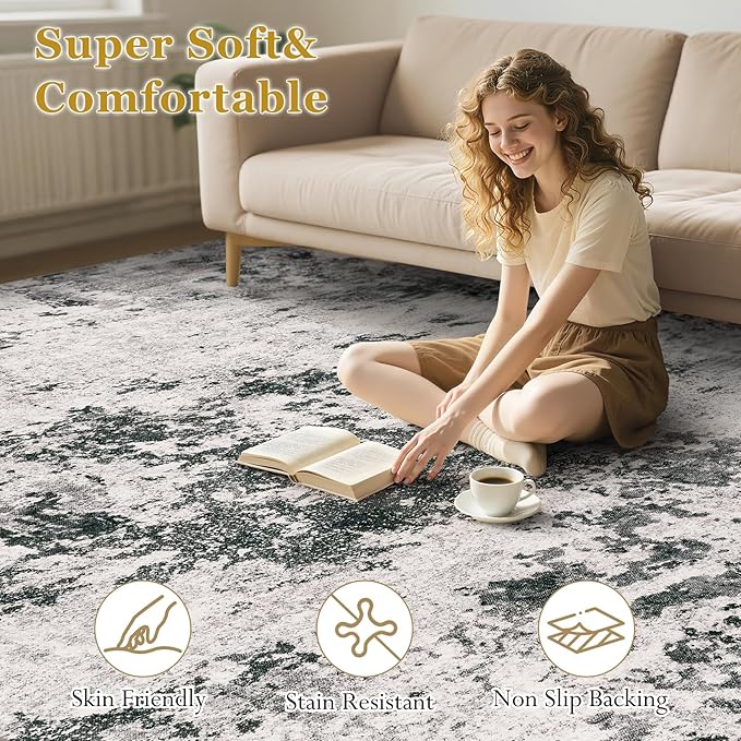 Area Rugs for Living Room: 6x9 Abstract Washable Rug Large Soft Stain Resistant Non-Slip Backing for Bedroom Dining Room Indoor Home Office Carpet for Kids Pet Friendly Families - Dark Grey