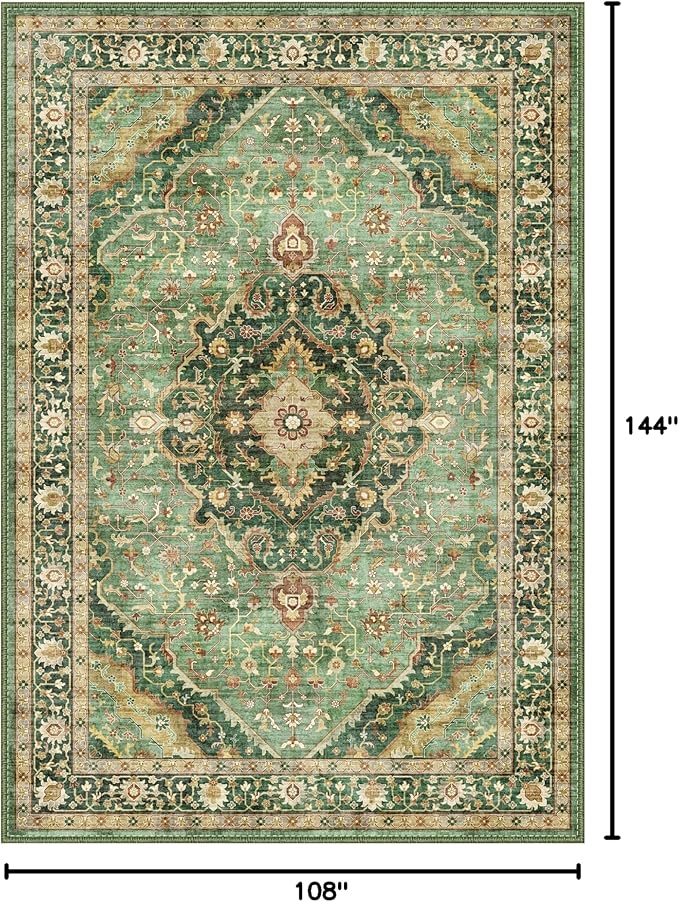 9x12 Rugs for Bedroom, Vintage Washable Rugs Non Slip Large Area Rug for Living Room Dining Room Office, Floor Decoration Big Rug Carpet Low-Pile Kid & Pet Friendly(Border Green)