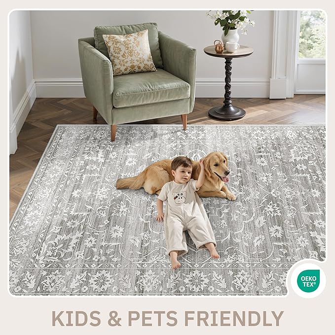 Washable 2.5'x8' Runner Rugs for Hallway, Kitchen Runner Rugs with Rubber Backing Vintage Non-Slip Soft 2'6"x8' Carpet Runner for Entryway Laundry Bedroom Farmhouse Grey
