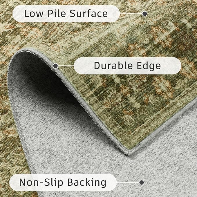DCX 6x9 Neutral Rug, Kid & Pet Friendly with Rubber Back Non Slip, Machine Washable Stain Resistant Olive Green Floral Rug for Living Room, Bedroom, Soft Low Pile Large Nursery Carpet