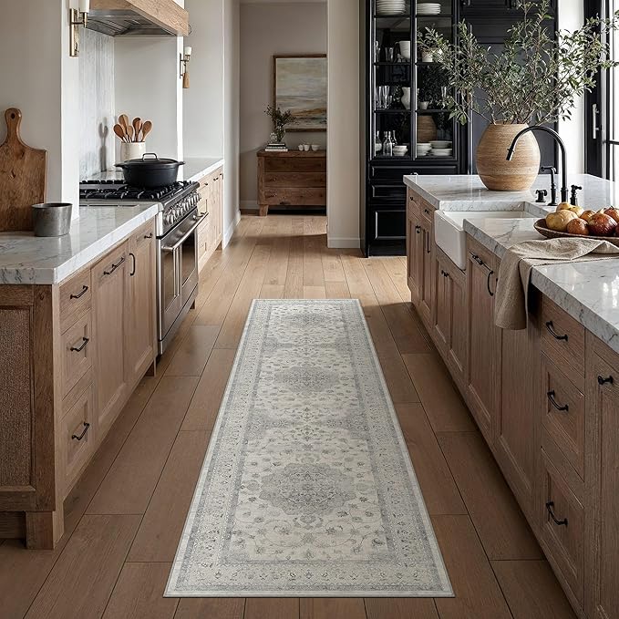 HUGEAR Machine Washable Hallway Runner Rugs 2x8 Vintage Grey Neutral Style Non Slip Stain Resistant Low Pile Throw Carpet for Bedroom Kitchen Retro Aesthetic Modern Decor