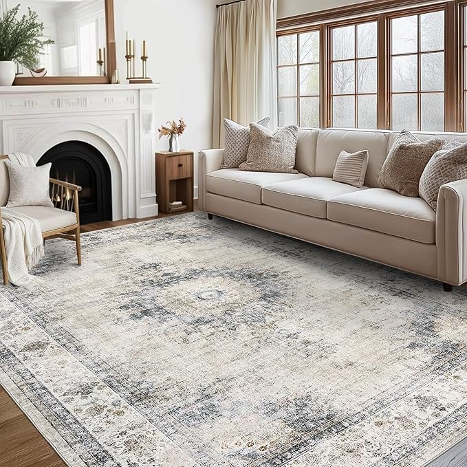 GarveeHome Bedroom Area Rug 5x7 Vintage Distressed Living Room Area Rug Non Slip Low Pile Large Dining Room Rug Soft Medallion Throw Floor Carpet Machine Washable Rugs for Home Office, Sage