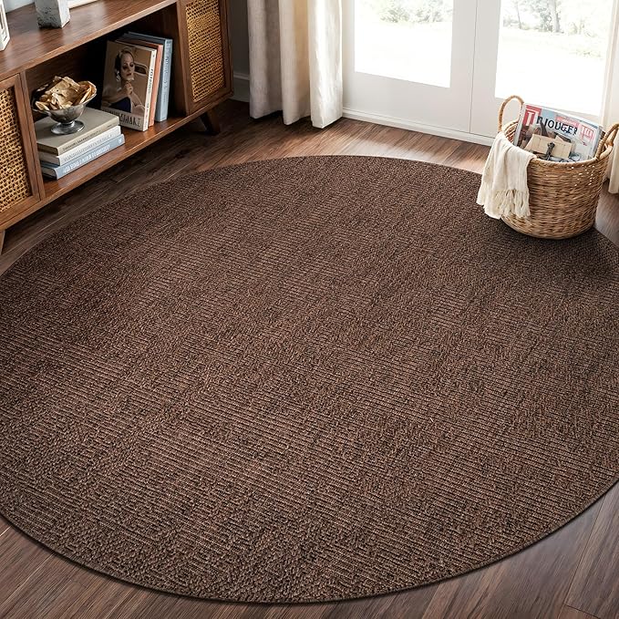 CAMILSON Easy Jute Round Rug 4ft Indoor Outdoor Brown Color Fiber Area Rugs for Living Room Patio and Kitchen Rug, Solid Boho Woven Design Easy-Cleaning Washable Outside Carpet Alfombras (4 Round)