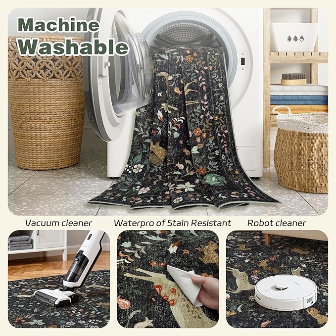 6x9 Area Rugs Washable Rug: Lagre Boho Living Room Rug Soft Non-Slip Thin Carpet Indoor Floor Non-Shedding Neutral Floral Carpets for Bedroom Dining Room Farmhouse Nursery Black