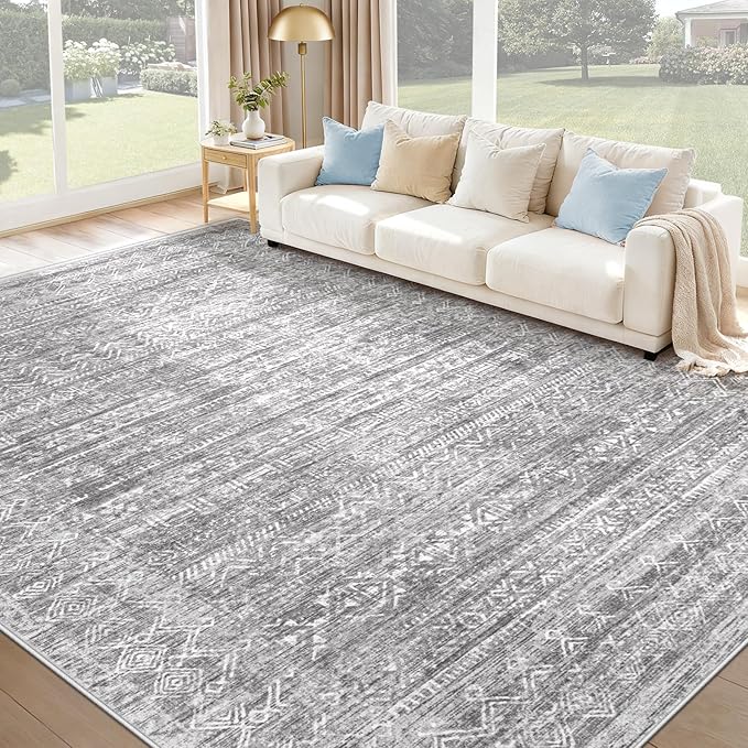 Washable Rug 8x10 Area Rugs: Modern Geometric Rugs for Living Room Non Slip Soft Low Pile Moroccan Indoor Carpet for Bedroom Nursery Dining Room Home Office (Grey, 8'x10')