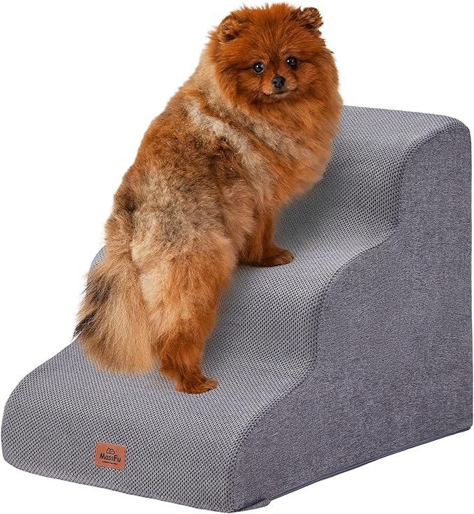 Gray Curved Dog Stairs Ramp for Small Dogs & Cats 17.1" H, 3-Step Dog Steps for Couch Sofa and Chair, Pet Stairs for Cats, Non-Slip Balanced Pet Steps