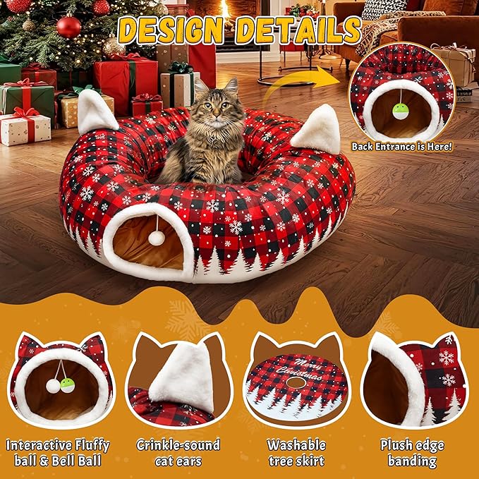 Cat Tunnel Christmas Tree Skirt, 3ft x 3ft x 9.8in Cat Tunnels for Indoor Cats, Buffalo Plaid Peekaboo Cat Tunnel Bed with Hanging Ball, Kitten Toys for Indoor Kittens Puppy Rabbit Ferret
