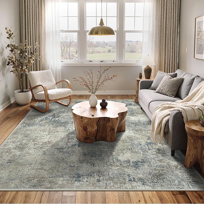 Area Rugs 8x10 for Living Room Bedroom, Modern Abstract Machine Washable Rug, Large Soft Low Pile Floor Carpet with Non Slip Backing for Dining Room, Light Gray Blue