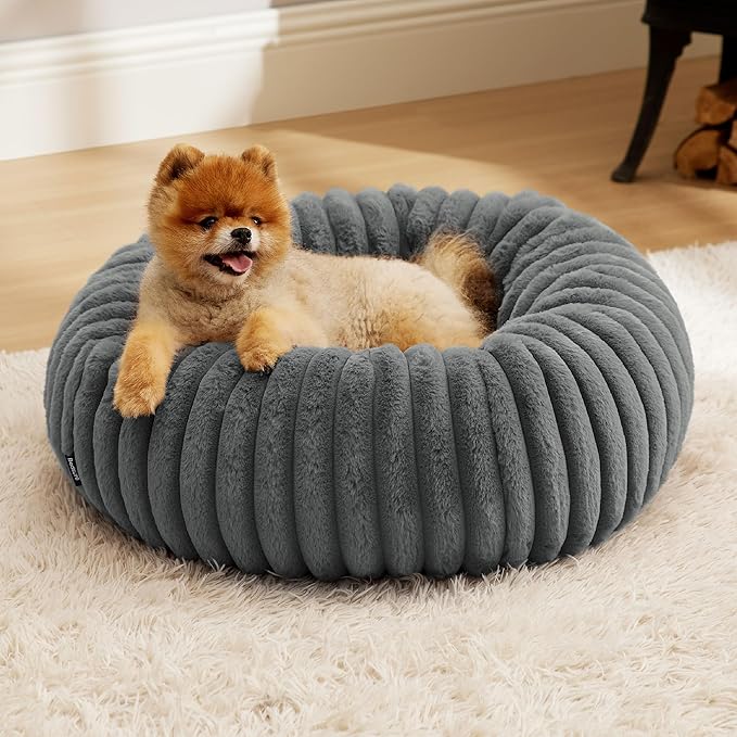 Bedsure ComfyFleece Donut Small Dog Bed - Dog Beds for Small Dogs with Corduroy Fleece & Anti Slip Bottom, Round Faux Fur Pet Beds with Washable Removable Cover, Warm Grey, 23x23x7 inches