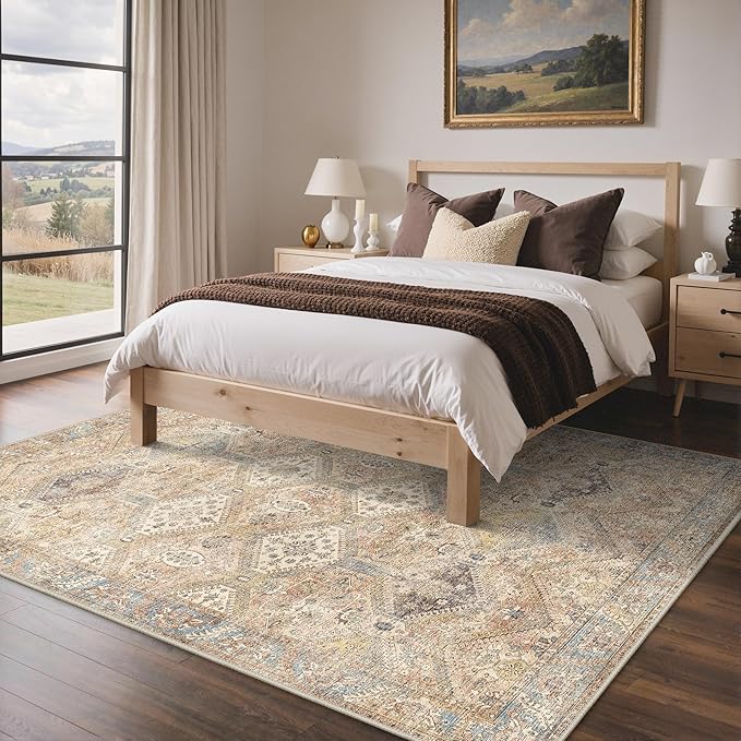 Bavni 9x12 Area Rug Washable Rug for Living Room Bedroom, Vintage Print Carpet, Low Pile Lightweight Mat with Non Slip Backing, Pale Warm Yellow