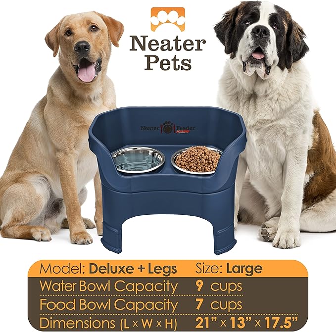 Neater Feeder Deluxe Mess Proof Dog Bowls Elevated for Large Dogs – Made in USA – No Spill Raised Dog Food Bowl Stand w/Leg Extensions – Stainless Steel Food and Water Bowl Set – Dark Blue
