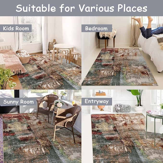 Lahome Modern Abstract 5x7 Area Rugs for Living Room, Washable Bedroom Rug Soft Non Slip Low Pile, Faux Wool Contemporary Carpet for Indoor Floor Decor Home Office Dining Room,Red/Multi