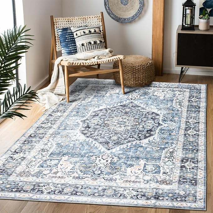 Area Rug 4횞6, Vintage Boho Rug,Ultra-Soft Low Pile, Washable, Non Slip,Stain Resistant Printed Carpet for Living Room Bedrooms Playroom Office Kitchen, Light Blue