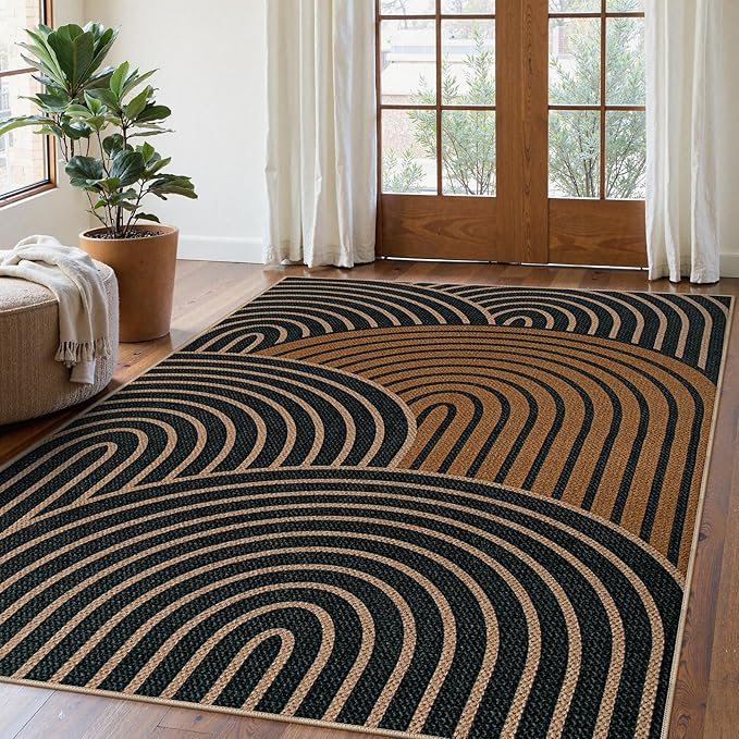 Lahome Modern Rainbow Easy Jute Carpet, Washable Rugs 5x7 for Living Room Black Farmhouse Dining Room Rug, Contemporary Natural Throw Mat Non Slip Floor Carpet for Office RV Patio