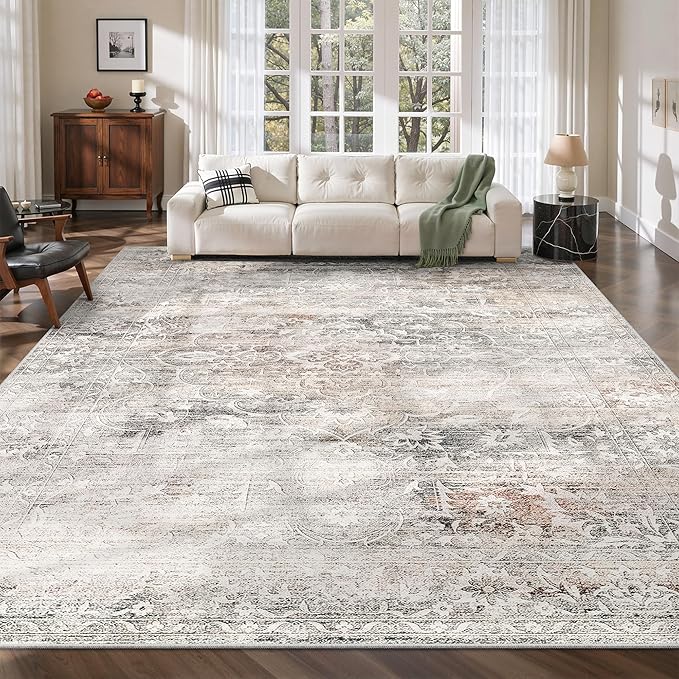 8x10 Area Rugs for Living Room, Stain Resistant Neutral Washable Rugs for Dining Room, Floral Vintage Non-Slip Thin Large Size Area Rug Taupe