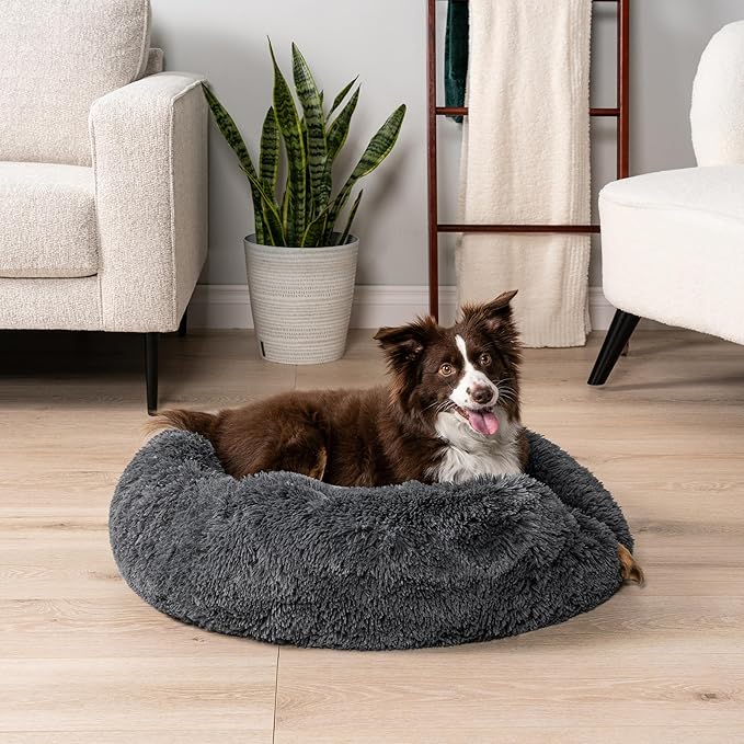 PetAmi Calming Dog Bed for Small & Medium Dogs and Cats, 30 Round Donut Dog Bed, Washable Fluffy Faux Fur Puppy & Cat Bed, Anti-Anxiety Plush Cuddler Pet Bed with Anti-Slip Bottom - Dark Gray