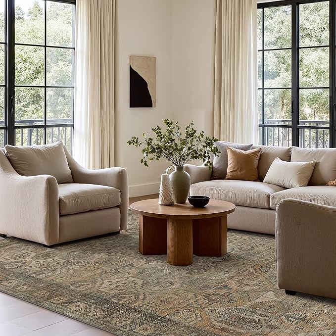 Bavni Washable Rug 6x6 Area Rug for Living Room Bedroom Dining, Washable Vintage Print Carpet, Ultra-Thin Chenille Low Pile Lightweight Rug with Non Slip Backing, Warm Taupe