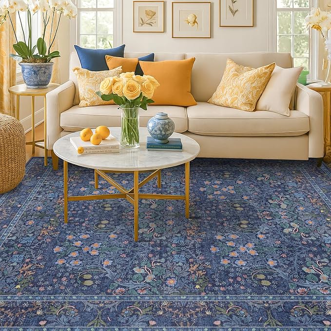 Vintage Dark Blue Living Room Rug 5x8 Area Rug - Vintage Floral Forest Washable Mat for Dining Room, Bedroom, Low Pile Non Slip Stain Resistance Distressed Retro Indoor Boho Floral Carpet