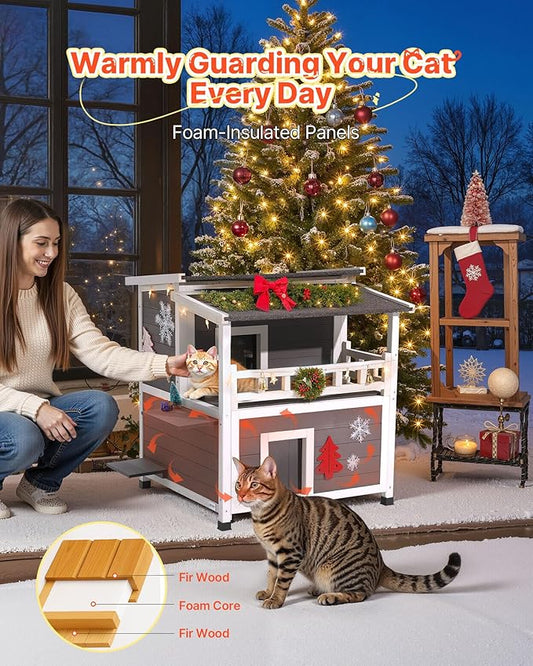 VEVOR Insulated Cat House, 2-Story Wooden Cat Shelter, Foam Insulation, Feral Kitty Shelter with Balcony, Waterproof Cats Condos for Indoor & Outdoor 1-3 Cats in Winter 33 x 29.5 x 32 in