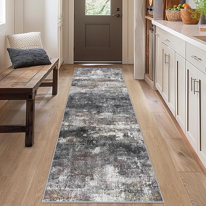 Runner Rug for Hallway Kitchen 2x8 Machine Washable Runners Rug for Entryway, Dark Gray Soft Modern Abstract Throw Rugs, Floor Carpet with Non Slip Rubber Backing